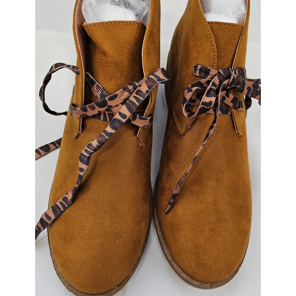 Hey Girl by Corkys Totes Cognac Faux Suede Ankle Boots Leopard Laces Size 8